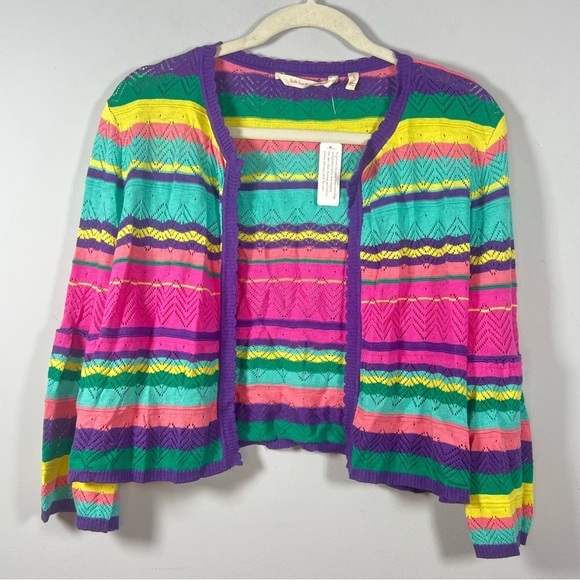 NWT Soft Surroundings Rainbow Striped Cropped Open Cardigan Sweater Large - Picture 2 of 6
